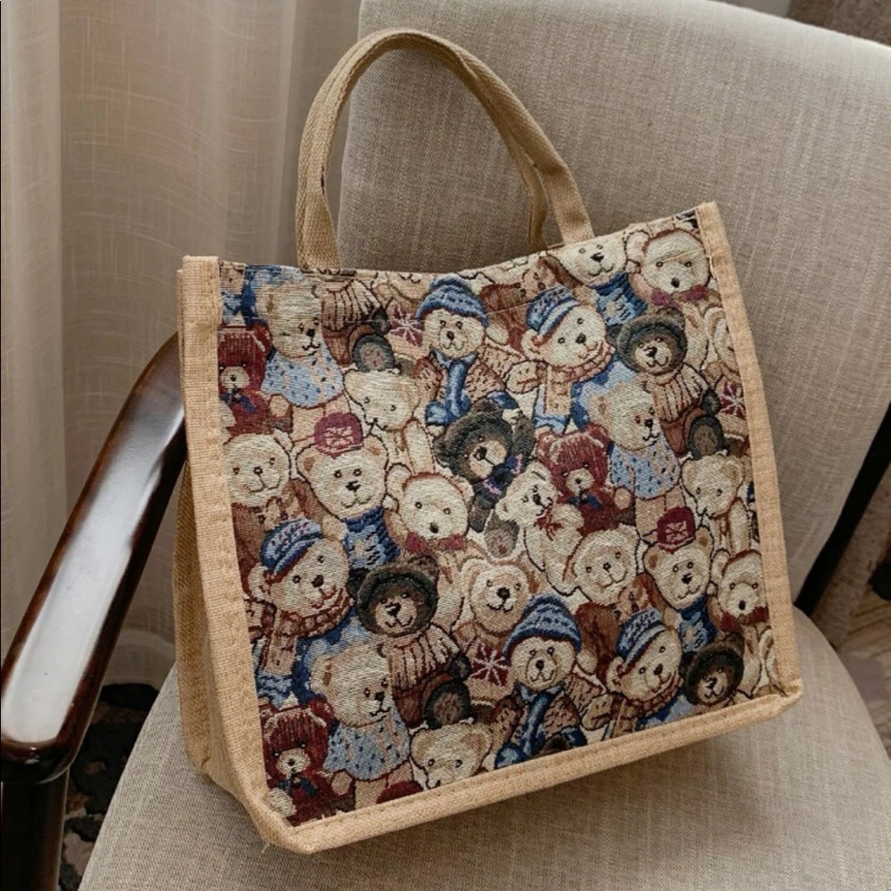 Bear tote bag linen cartoon cute bears animals blue khaki brown handbag